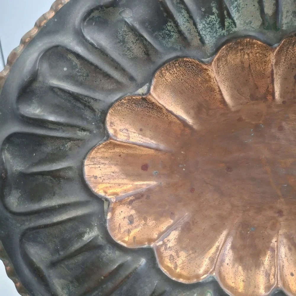 Vintage Italian Copper Footed Tray Scalloped Fluted Oval Serving Platter Italy